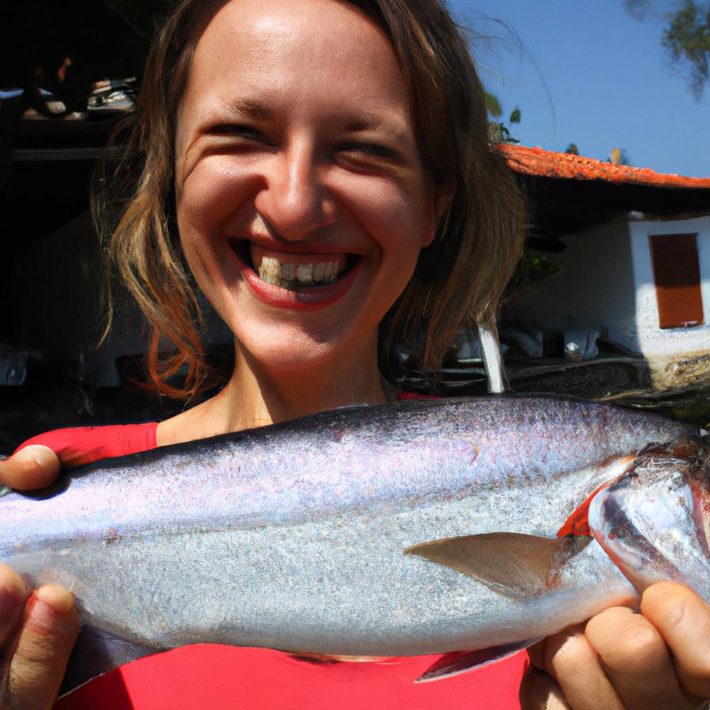 Person holding a fish, smiling